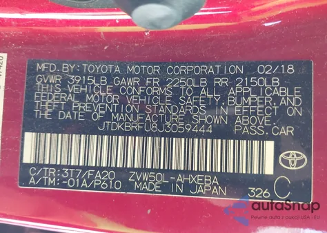 2018 Toyota Prius Two из США, поврежденный, VIN JTDKBRFU8J3059444